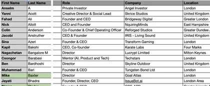 Sourced and qualified lead list, with name, role, company and location columns